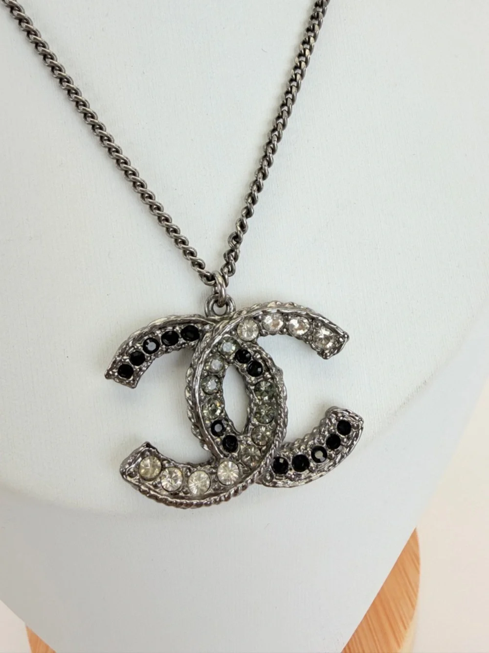Chanel Black Crystal Interlocking Logo CC Pendant Necklace